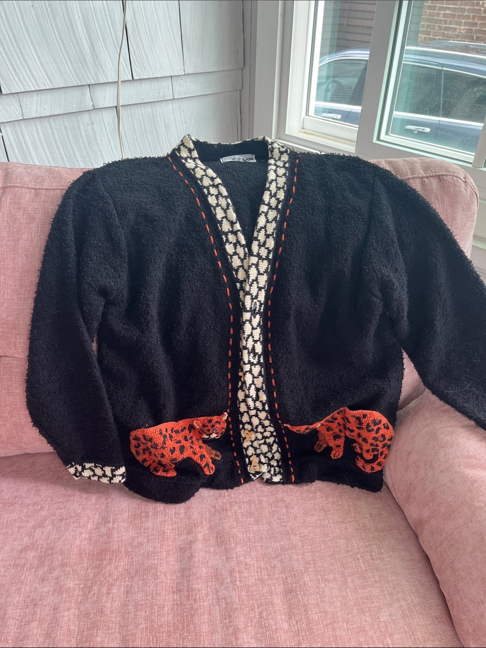 berek Black Cardigan with Cream Trim and Red Leopard Appliqués